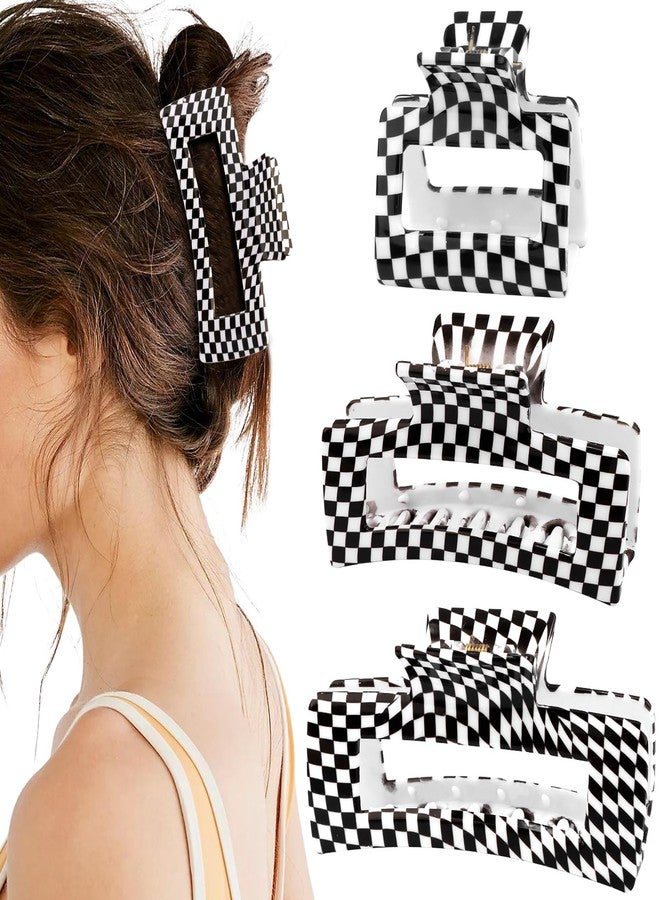 Hapdoo 3pcs Black Checkered Hair Claw Clips, Square Checker Cute Non Slip Hair Jaw Clips, Strong Hold Rectangle Plaid Vintage Check Hair Claw - Image 1